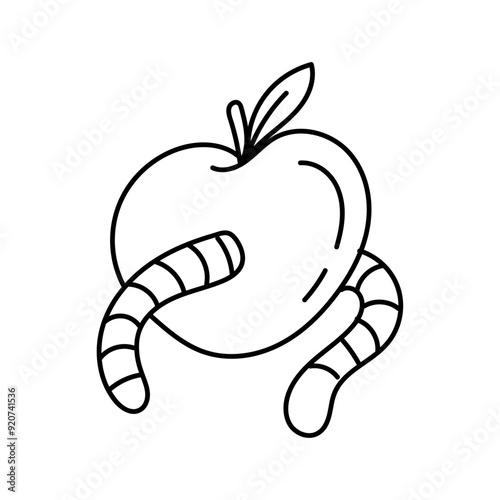 Apple with a worm. Vector illustration in doodle style