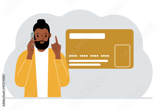 The man is talking on the phone. Nearby is a large plastic card. Vector flat illustration
