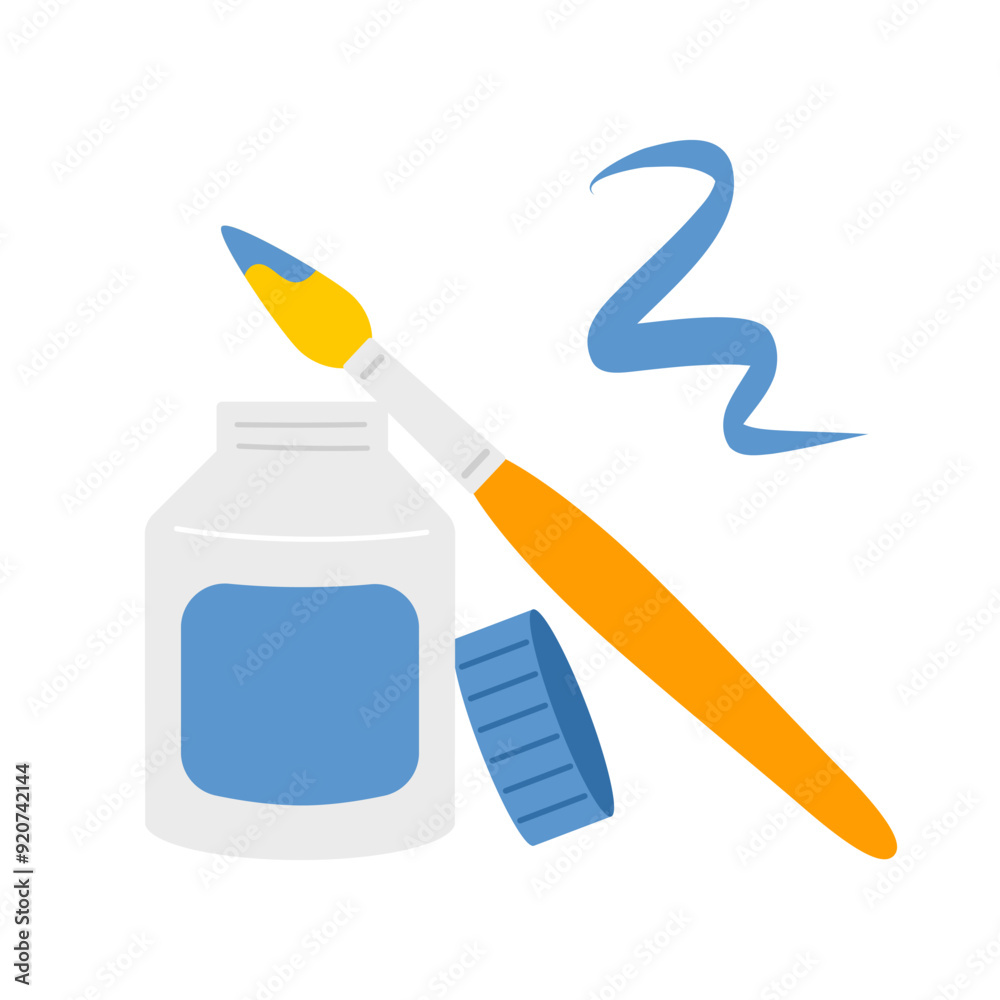 Blue gouache paint and brush for drawing cartoon icon illustration in flat style. School supplies. Drawing tools Blue gouache paint and brush for drawing cartoon icon illustration in flat style. School supplies. Drawing tools