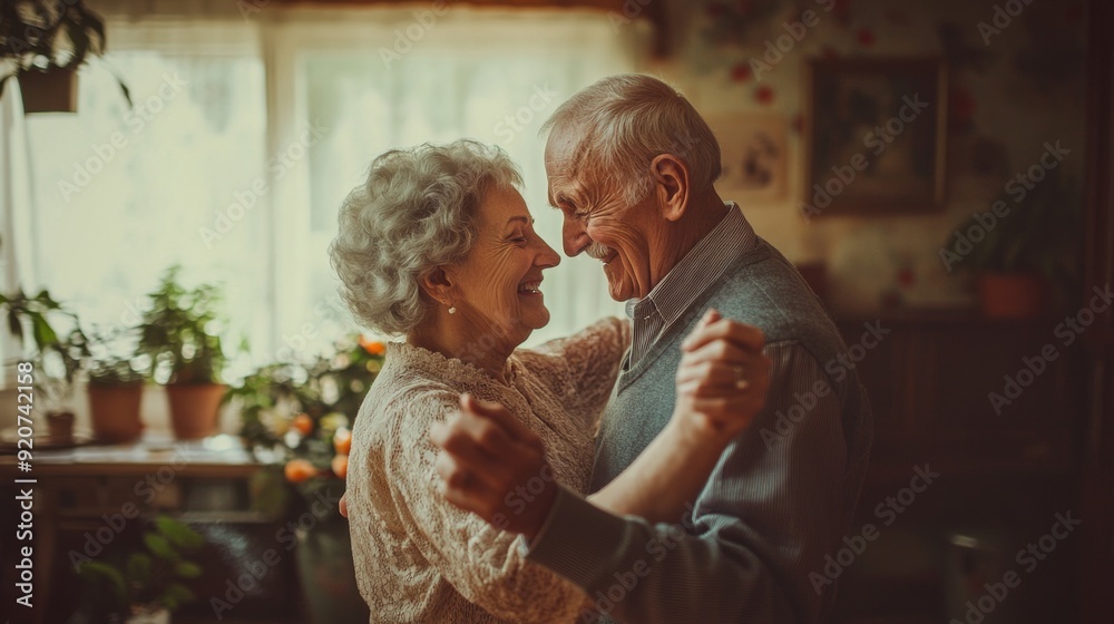 Elderly couple dancing together in a cozy living room their faces filled with love and joy symbolizing the happiness of shared moments Elderly couple dancing together in a cozy living room their faces filled with love and joy symbolizing the happiness of shared moments