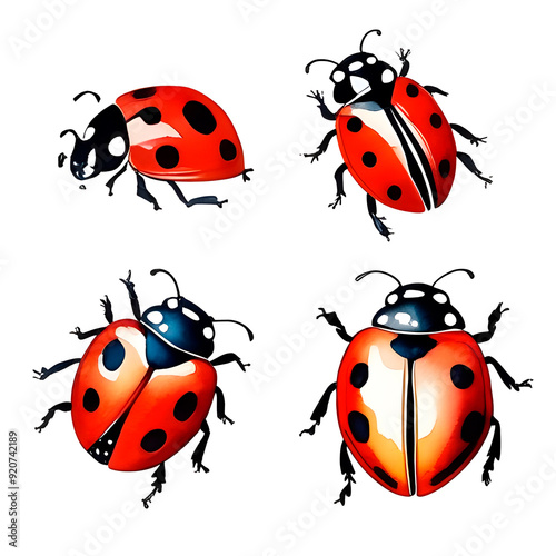 An illustration depicting a variety of ladybug insects. Beautiful bright beetles on a white background. A large set with flying insects.