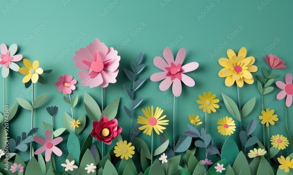 Colorful paper cut spring flowers on a green background with various floral designs Colorful paper cut spring flowers on a green background with various floral designs