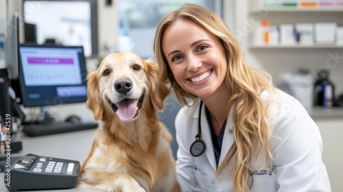 A female vet smiles at the camera while holding a happy Golden Retriever in a modern clinic. The clean and professional environment emphasizes their friendly bond.