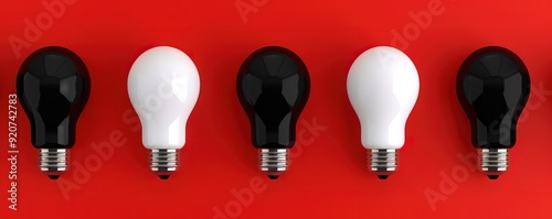 Five light bulbs in a row, alternating black and white, on a red background. Concept of ideas, innovation, and thinking outside the box.