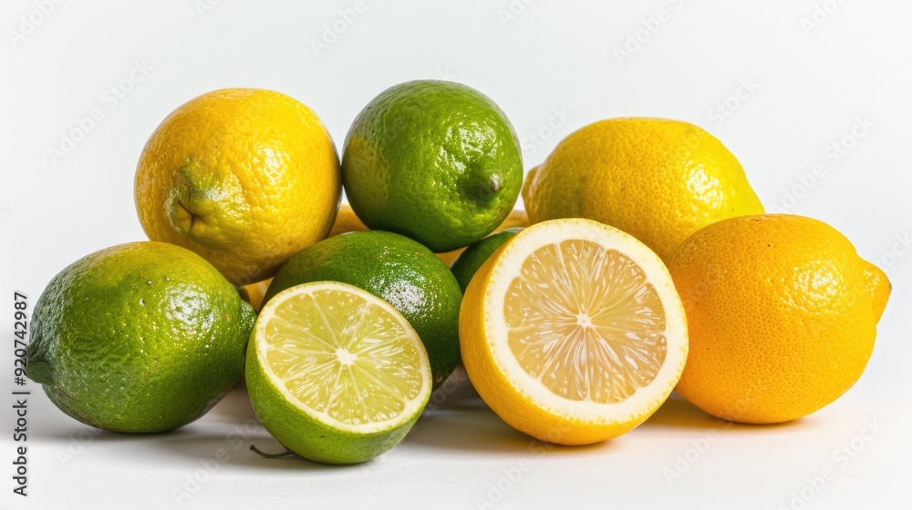 Pile of limes and lemons against white background, fresh and ready to be used in cooking or as a snack. Pile of limes and lemons against white background, fresh and ready to be used in cooking or as a snack.