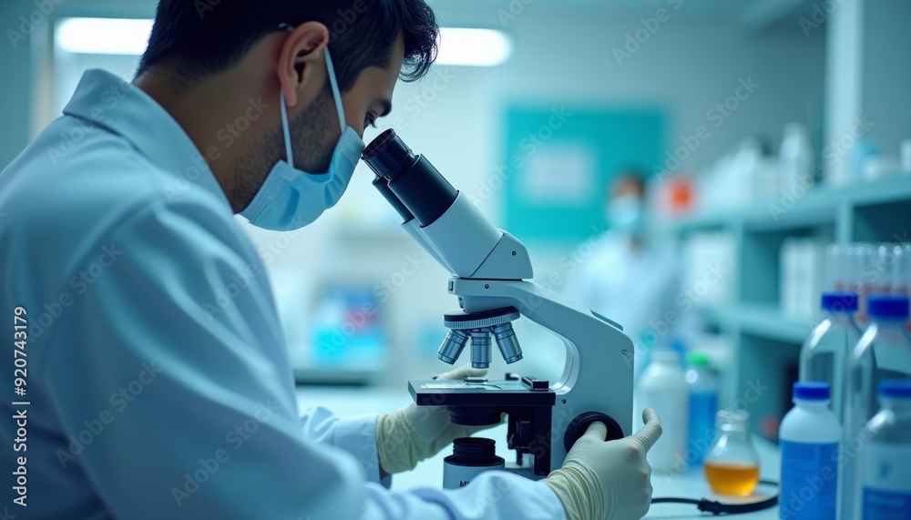 Focused scientist studying under microscope Focused scientist studying under microscope
