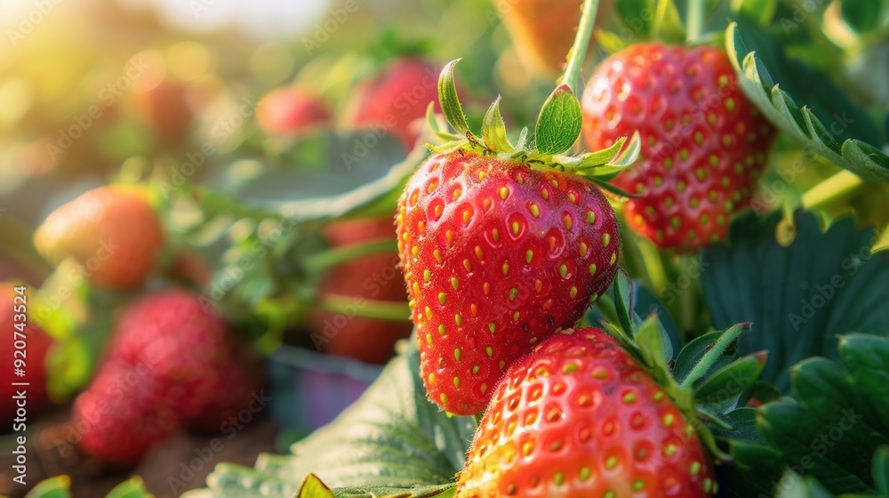 strawberry plant with fruit in plantation farm field strawberry plant with fruit in plantation farm field