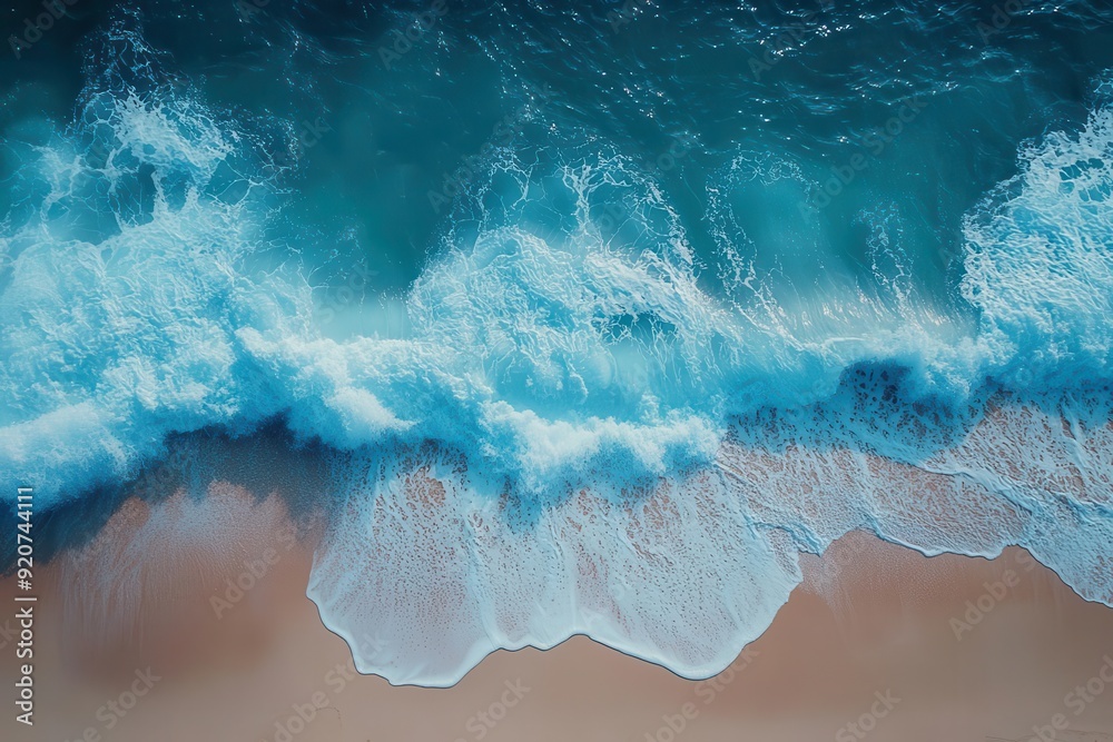 breathtaking aerial view of azure waves crashing on pristine sandy shore foam patterns swirling sunlight glinting off water surface breathtaking aerial view of azure waves crashing on pristine sandy shore foam patterns swirling sunlight glinting off water surface