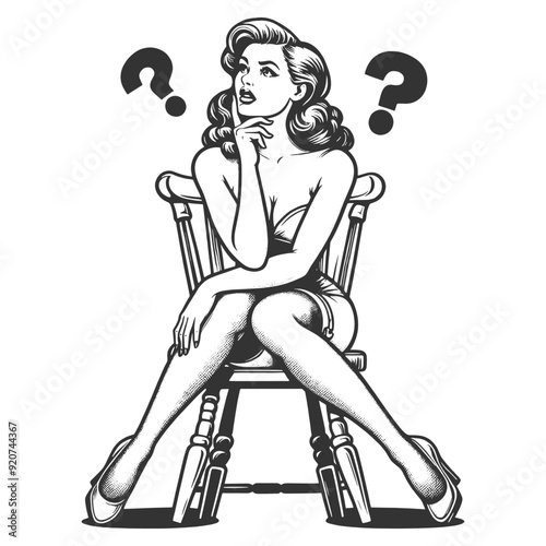 woman with dilemma confusion or uncertainty, question mark above her head sketch engraving generative ai fictional character vector illustration. Scratch board imitation. Black and white image.