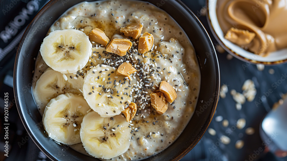 a protein-packed smoothie bowl, made with blended oats and protein powder, topped with sliced bananas, flax seeds, and a dollop of peanut butter, set on a gym mat with workout equipment in the backgro a protein-packed smoothie bowl, made with blended oats and protein powder, topped with sliced bananas, flax seeds, and a dollop of peanut butter, set on a gym mat with workout equipment in the backgro