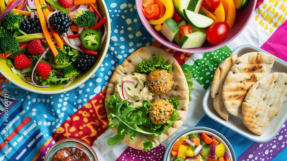 a themed lunchbox, featuring a whole wheat pita pocket filled with hummus and veggies, a small side salad, a cup of mixed berries, and a homemade energy ball, all placed on a brightly colored tableclo a themed lunchbox, featuring a whole wheat pita pocket filled with hummus and veggies, a small side salad, a cup of mixed berries, and a homemade energy ball, all placed on a brightly colored tableclo