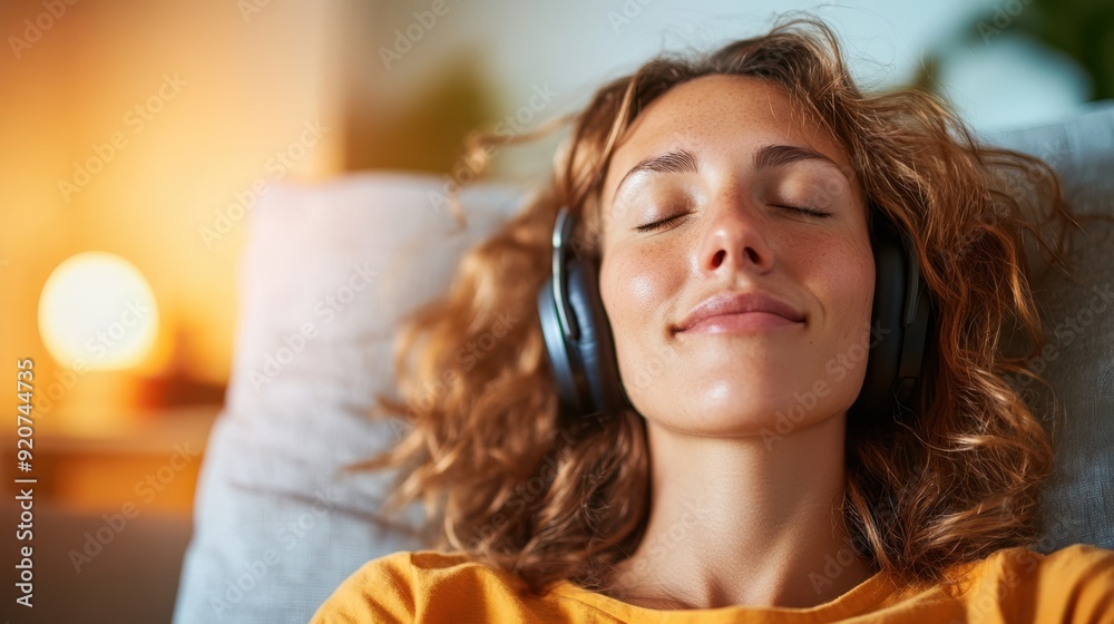 Fototapeta premium A woman with wavy hair, wearing an orange shirt and black headphones, relaxing on a couch with her eyes closed, enjoying a serene moment in a cozy, warmly lit room.