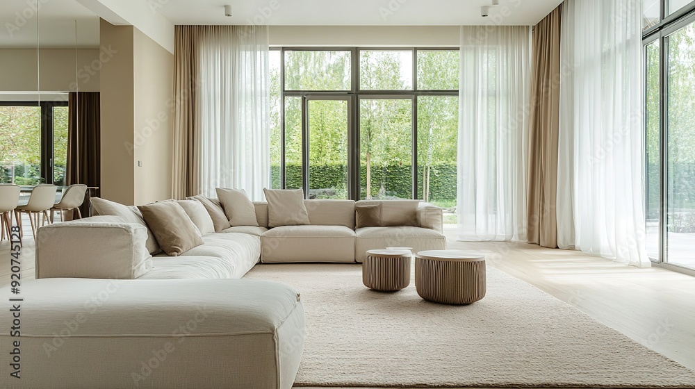 Modern living room with large windows and garden view Modern living room with large windows and garden view