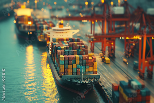 Aerial view of cargo ship with container box , Tilt shift style tanker captured.