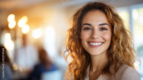 Wallpaper Mural A confident woman with wavy hair is smiling brightly in a modern office space, surrounded by natural light and a mix of stylish contemporary decor and green plants. Torontodigital.ca