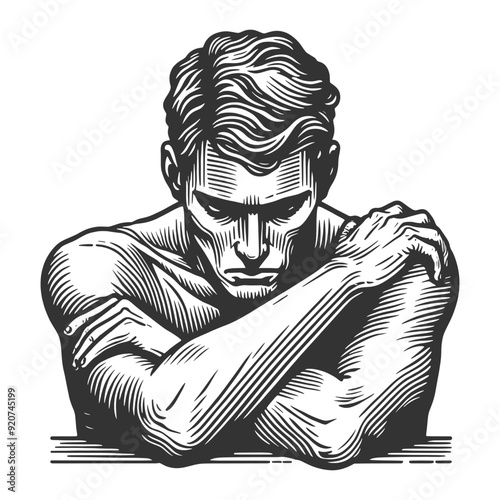 man with his arms crossed, looking down in a pensive and reflective pose, moment of introspection or melancholy sketch engraving generative ai vector illustration. Black and white image.
