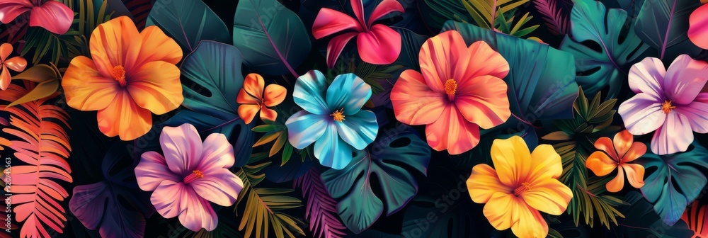A vibrant and stunning collection showcasing tropical flowers alongside lush green leaves set against a dark background