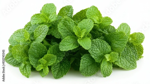 Fresh and Vibrant Mint Leaves on White Background: Close-up Portrait Photo