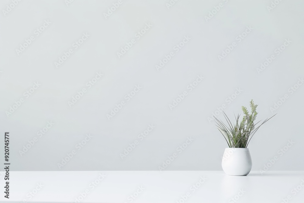 A minimalist image of a simple white vase holding a green plant, placed on a clean white table, exuding elegance and simplicity in modern interior design. A minimalist image of a simple white vase holding a green plant, placed on a clean white table, exuding elegance and simplicity in modern interior design.