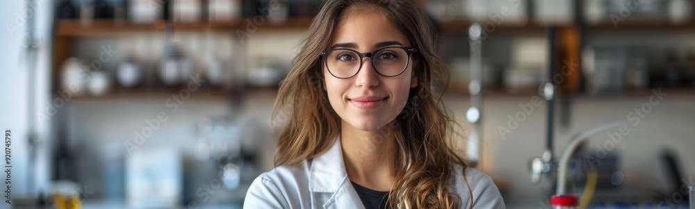 Woman wearing glasses standing in a lab coat, woman in science Woman wearing glasses standing in a lab coat, woman in science