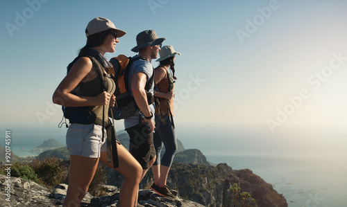 Photography Hiking, mountain and friends on cliff outdoor of fitness travel, adventure view and backpack journey in summer