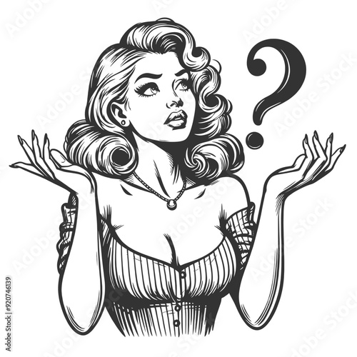 woman with dilemma confusion or uncertainty, question mark above her head sketch engraving generative ai fictional character vector illustration. Scratch board imitation. Black and white image.