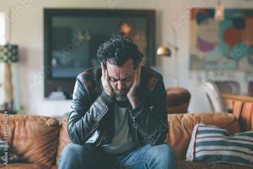 The image depicts a person wearing a leather jacket with hands covering their face, seated on a sofa in a stylish living room, conveying emotions of stress and contemplation.