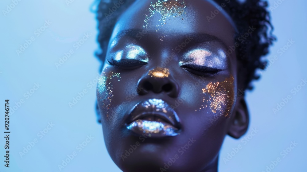 Portrait of a dark-skinned woman with bright makeup on a blue background
Portrait of a dark-skinned woman with bright makeup on a blue background