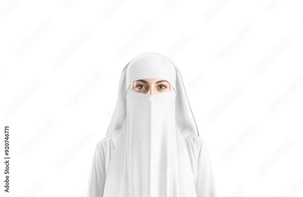 Blank white niqab with woman face mockup, front view Blank white niqab with woman face mockup, front view