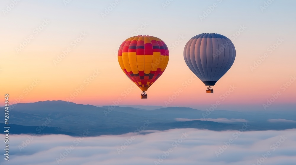 Colorful hot air balloons, pastel sky, calm early morning, soft light, tranquil atmosphere, floating above clouds Colorful hot air balloons, pastel sky, calm early morning, soft light, tranquil atmosphere, floating above clouds