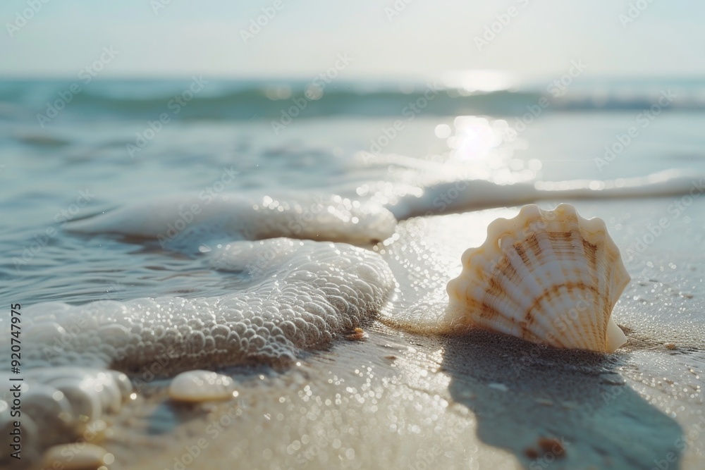 Beautiful seashells washed ashore in clear water at the beach.