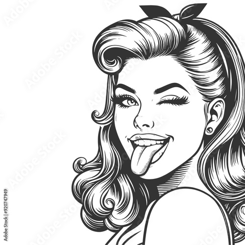 woman playfully winking and sticking out her tongue, exuding charm and humor sketch engraving generative ai fictional character vector illustration. Scratch board imitation. Black and white image.