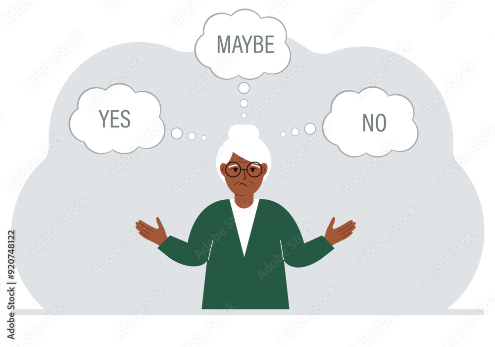 A woman spreads his arms to the sides and makes a choice or makes a decision. Air bubbles with text yes, no, maybe. Vector flat illustration A woman spreads his arms to the sides and makes a choice or makes a decision. Air bubbles with text yes, no, maybe. Vector flat illustration