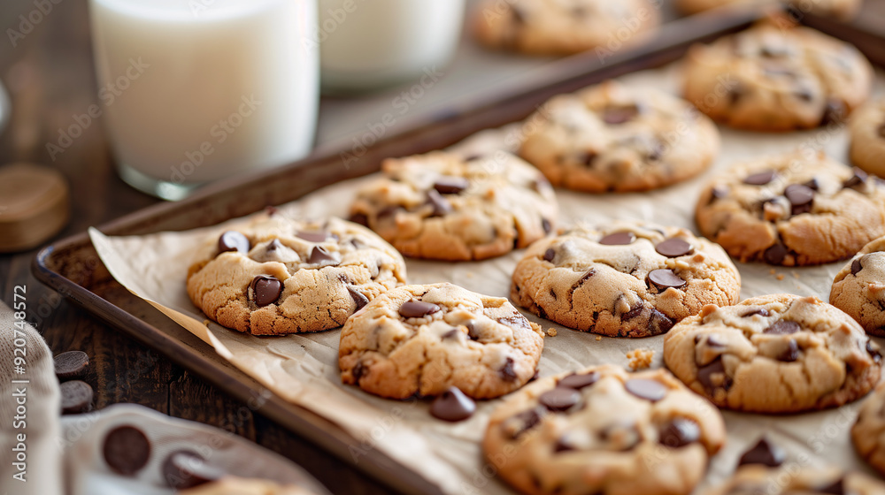 a batch of chocolate chip cookies, freshly baked and still on the baking tray, with a glass of milk nearby a batch of chocolate chip cookies, freshly baked and still on the baking tray, with a glass of milk nearby
