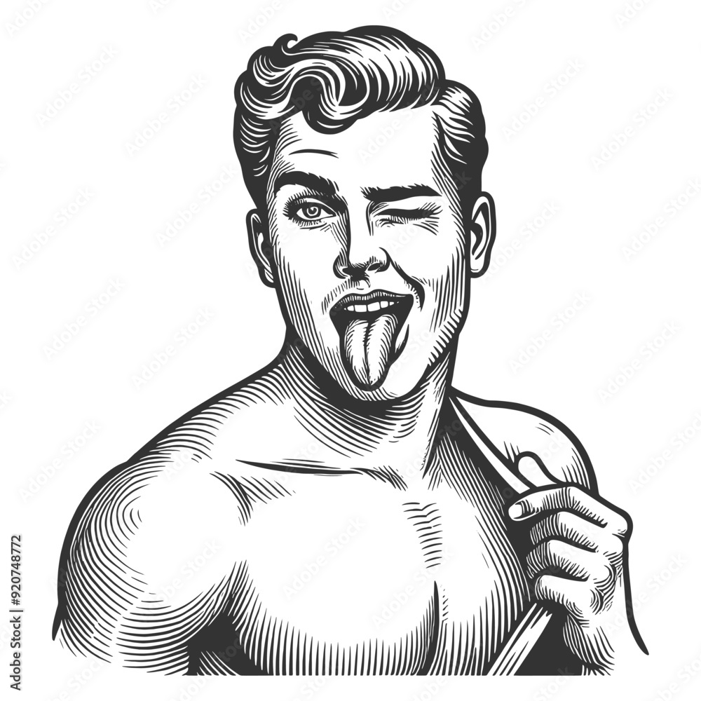 shirtless man winking and sticking out his tongue, fun and charismatic vibe sketch engraving generative ai fictional character vector illustration. Scratch board imitation. Black and white image. shirtless man winking and sticking out his tongue, fun and charismatic vibe sketch engraving generative ai fictional character vector illustration. Scratch board imitation. Black and white image.
