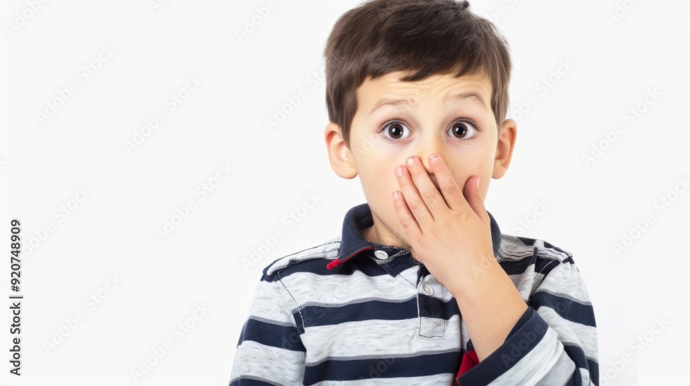 Boy with a surprised expression covering his mouth with his hand
Boy with a surprised expression covering his mouth with his hand