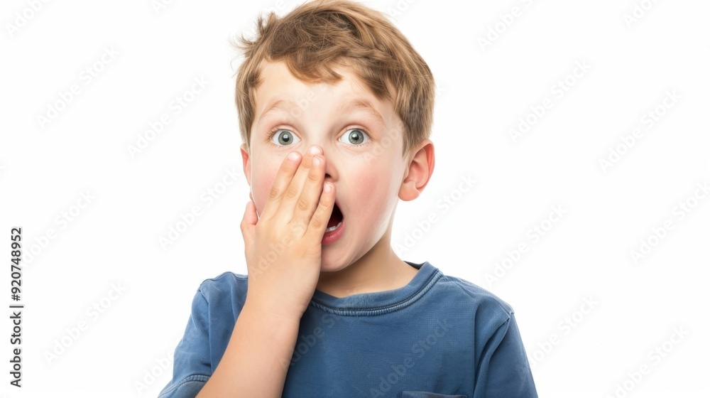 Boy with a surprised expression covering his mouth with his hand
Boy with a surprised expression covering his mouth with his hand
