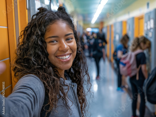 A young woman with curly hair is smiling and taking a selfie in a hallway. She is surrounded by other students, some of whom are carrying backpacks. Scene is lighthearted and fun