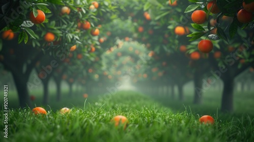 Fresh orange fruit on tree in plantation farm field closeup view