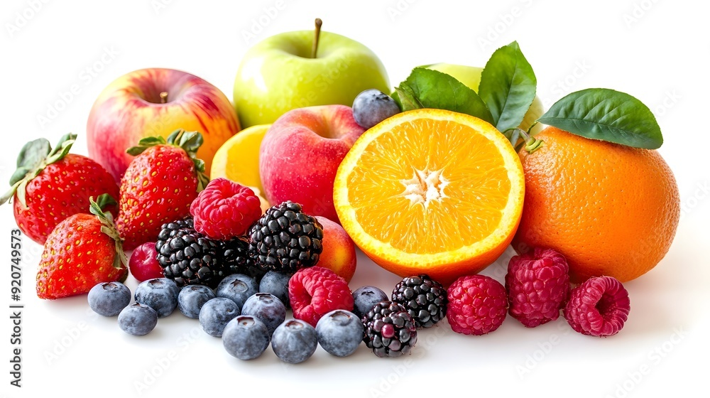 An arrangement of fresh fruits like berries, oranges, and apples placed on a white background, emphasizing their vibrant colors and health benefits An arrangement of fresh fruits like berries, oranges, and apples placed on a white background, emphasizing their vibrant colors and health benefits