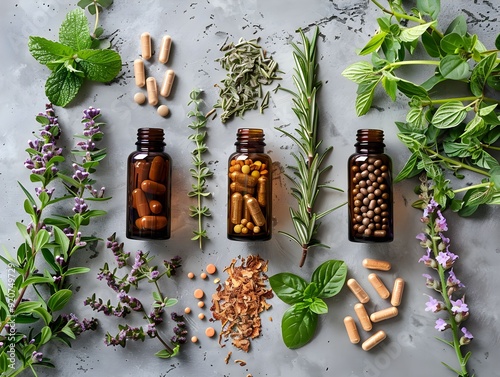 Arrangement of herbs and herbal capsules on a gray background showcasing natural ingredients and health products