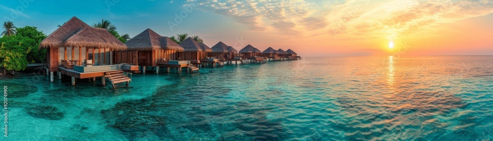 panoramic view of luxury overwater bungalows with glass floors over clear turquoise waters, sunset backdrop panoramic view of luxury overwater bungalows with glass floors over clear turquoise waters, sunset backdrop
