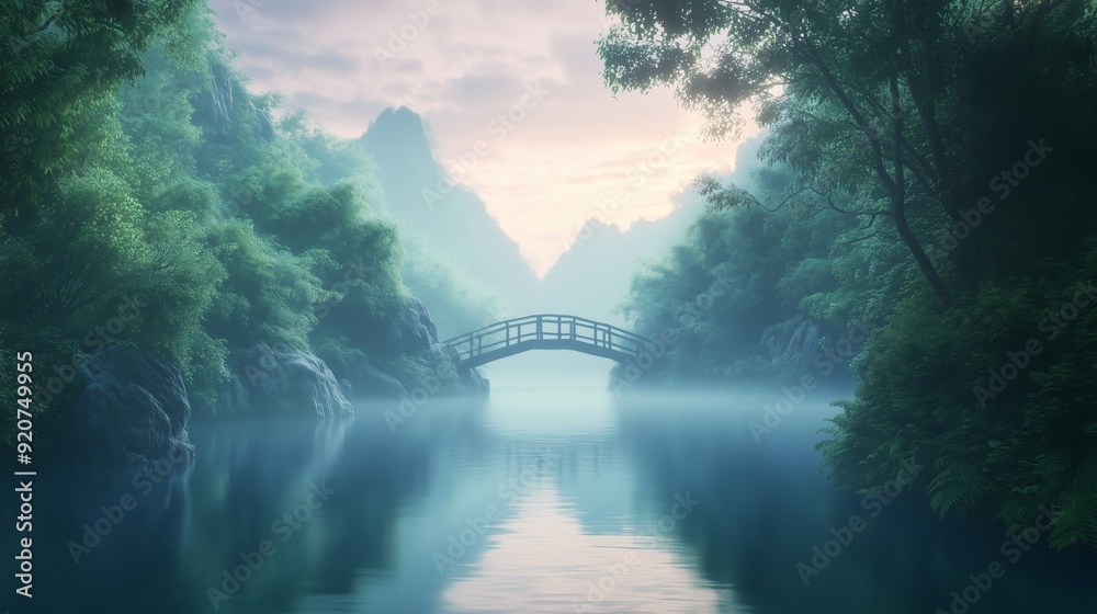 Fototapeta premium Misty morning over tranquil river with bridge 