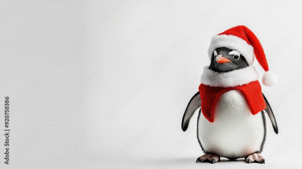 Fototapeta premium Adorable penguin dressed in a Santa costume, standing against a clean white background. 