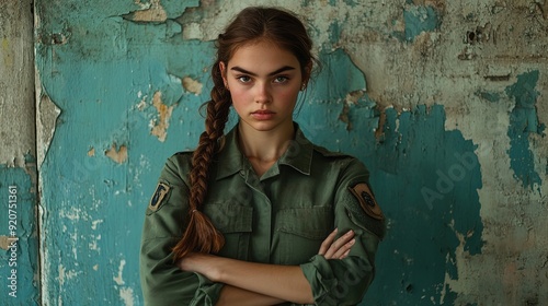 Resilient Warrior: A Fierce Young Woman in Army Uniform - Perfect for Inspiring Sports Interiors & Posters Celebrating Strength and Determination