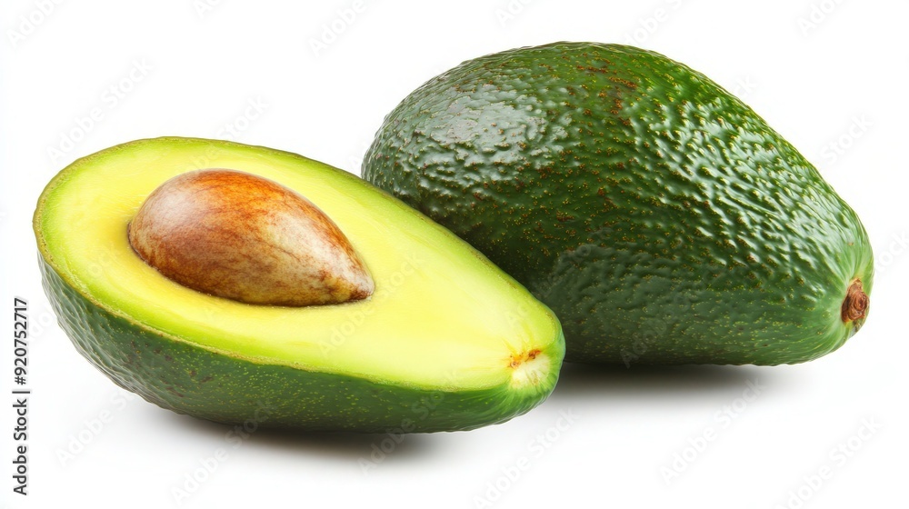 Sliced Ripe Avocado - Fresh and Vibrant Green with Seed Detail on White Background Sliced Ripe Avocado - Fresh and Vibrant Green with Seed Detail on White Background