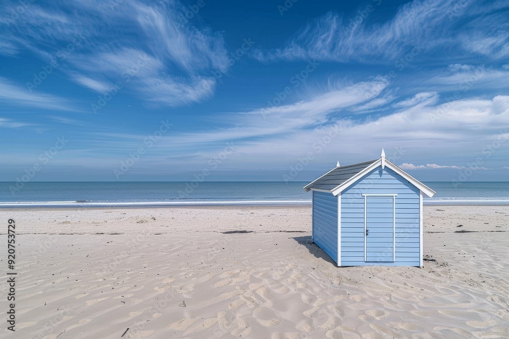 Cabines de bain multicolores alignées sur la plage déserte de Berck-plage au petit matin. Beautiful simple AI generated image in 4K, unique.