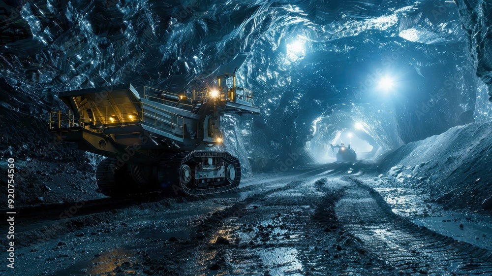 Underground mining tunnel with heavy machinery working in low-light conditions, showcasing industrial equipment and rugged environment. Underground mining tunnel with heavy machinery working in low-light conditions, showcasing industrial equipment and rugged environment.