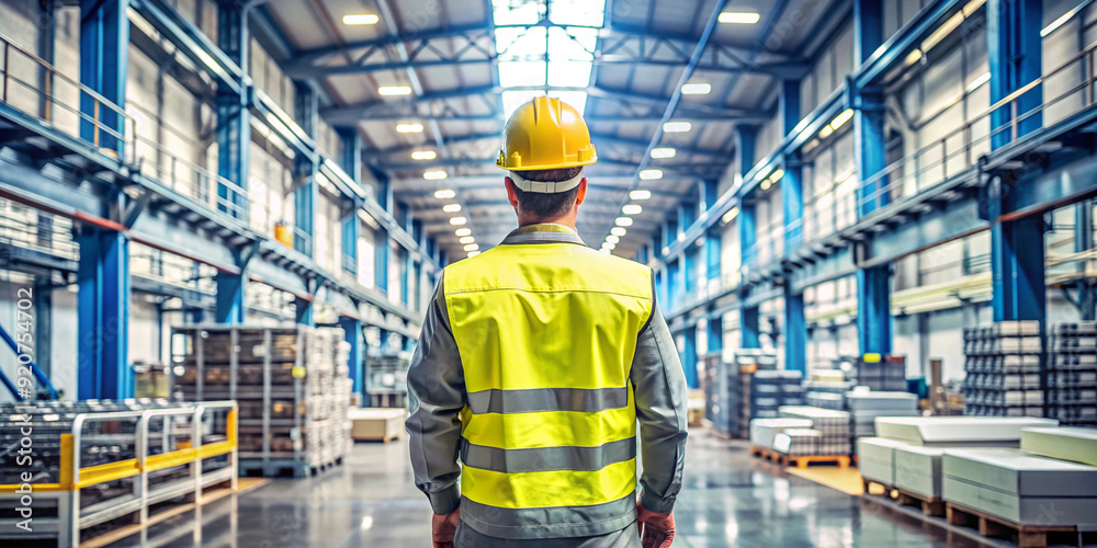 A male warehouse employee wearing a hard hat and reflective vest, standing with his back to the camera. He is inspecting the warehouse environment filled with industrial supplies A male warehouse employee wearing a hard hat and reflective vest, standing with his back to the camera. He is inspecting the warehouse environment filled with industrial supplies