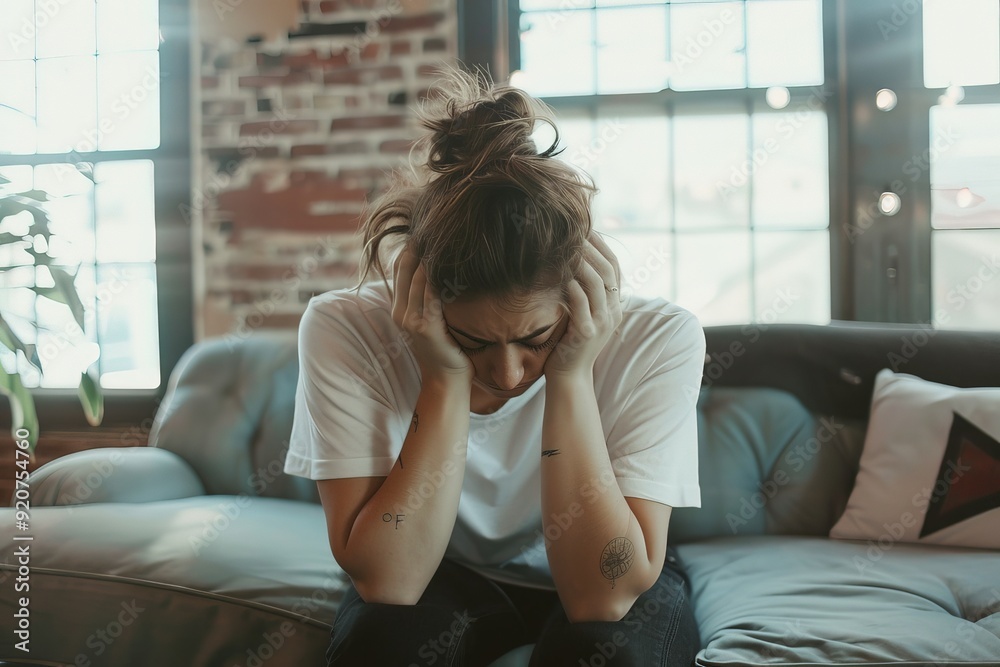 A tattooed individual hides their face while sitting on a comfortable sofa in a loft-style room with large windows, creating a scene filled with solitude and introspection. A tattooed individual hides their face while sitting on a comfortable sofa in a loft-style room with large windows, creating a scene filled with solitude and introspection.